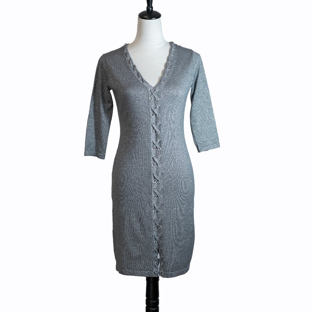 Allison Brittney Womens Silver Glitter Sweater Dress 3/4 Sleeves Midi Gray Sz S